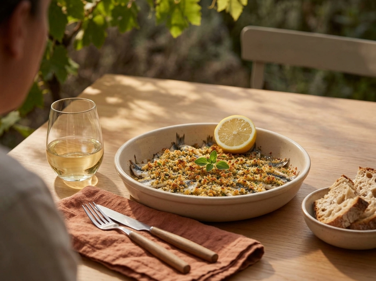 Small plate of baked oregano anchovies with crusty bread and a glass of white wine set on a linen-covered outdoor table