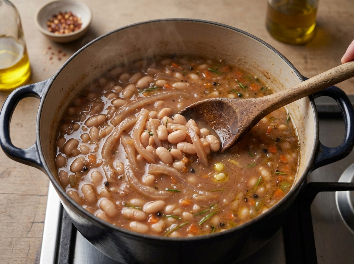 Wooden spoon stirring pork rind strips and crushed tomato into simmering borlotti beans in a dark Dutch oven on the stove