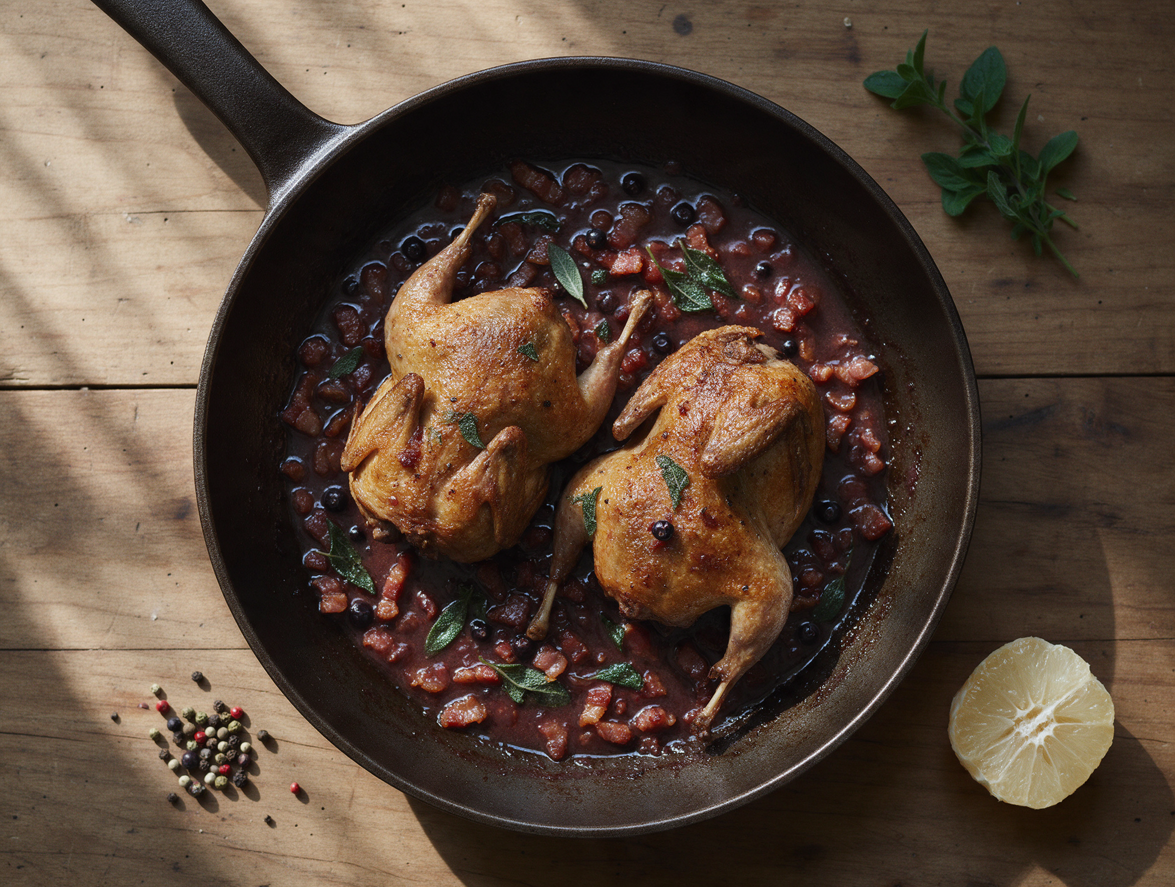 Overhead view of two golden-skinned braised quail in a dark skillet with glossy pancetta-wine sauce and scattered sage leaves.