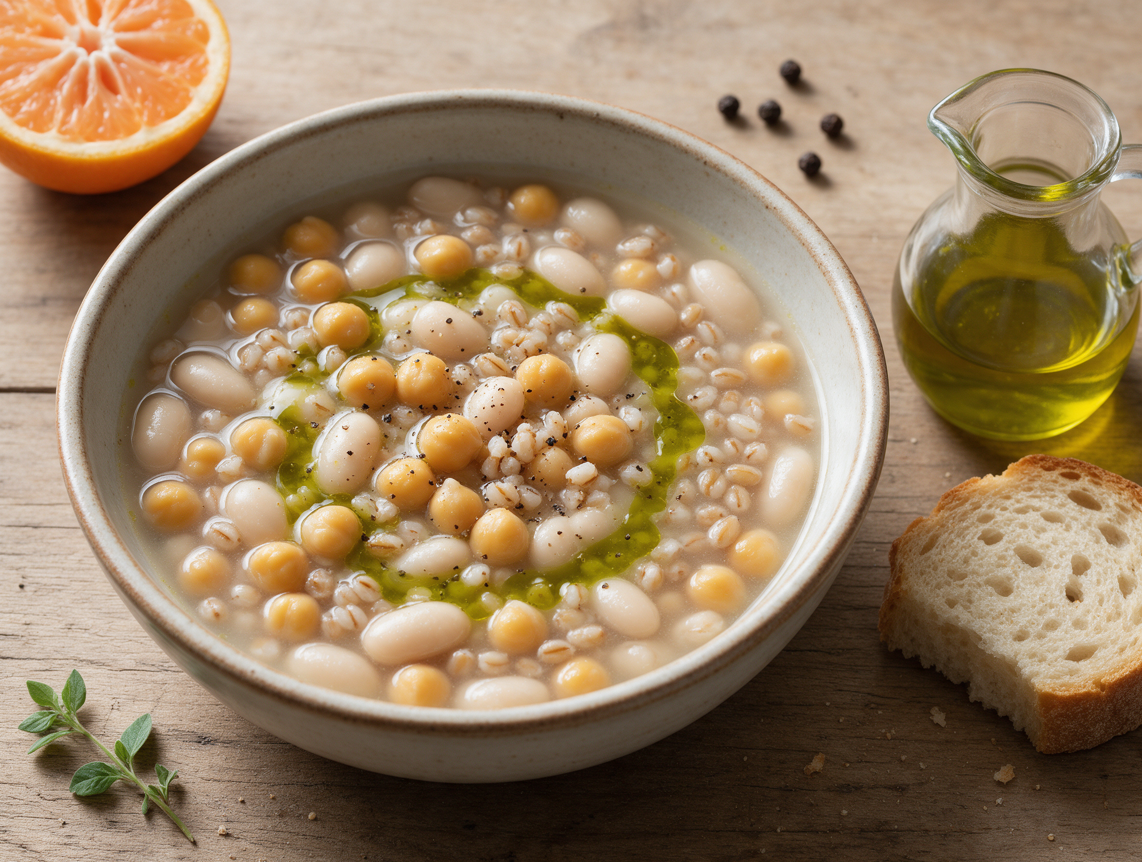 Bowl of mesciua soup with chickpeas, white beans, and spelt grains in pale broth, olive oil swirl and cracked pepper on a wooden table