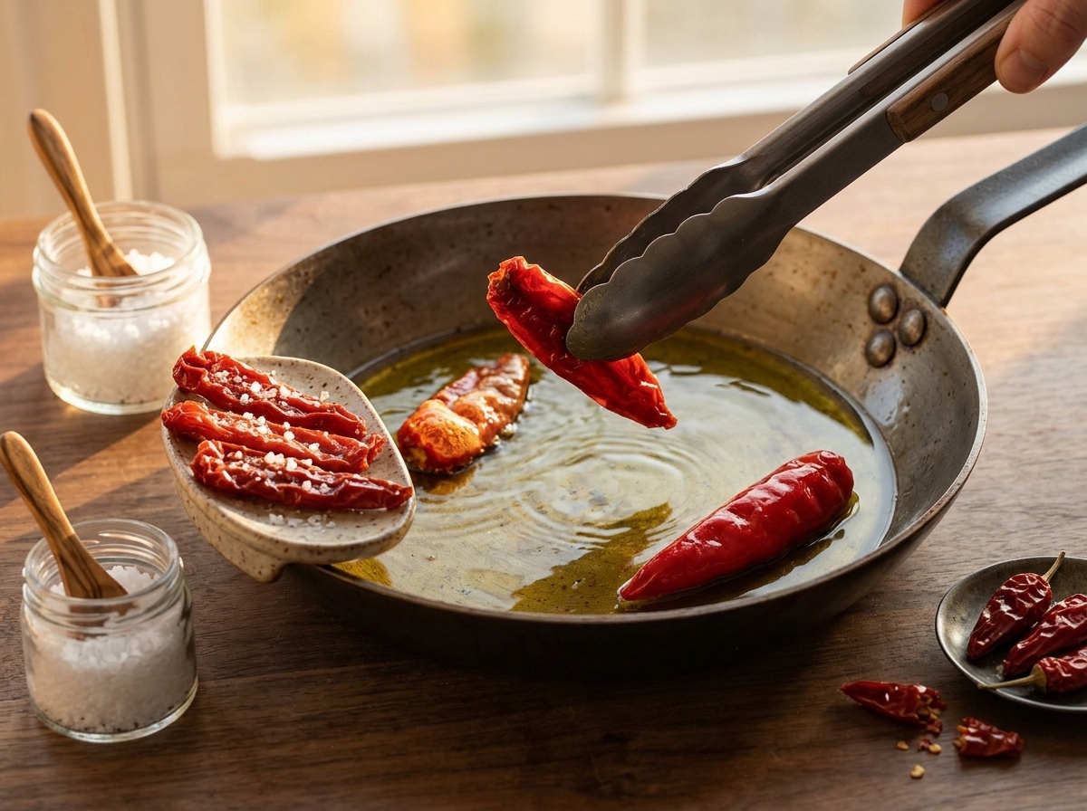 Dried peppers puffing and turning red in a skillet of hot olive oil while tongs lift one from the pan