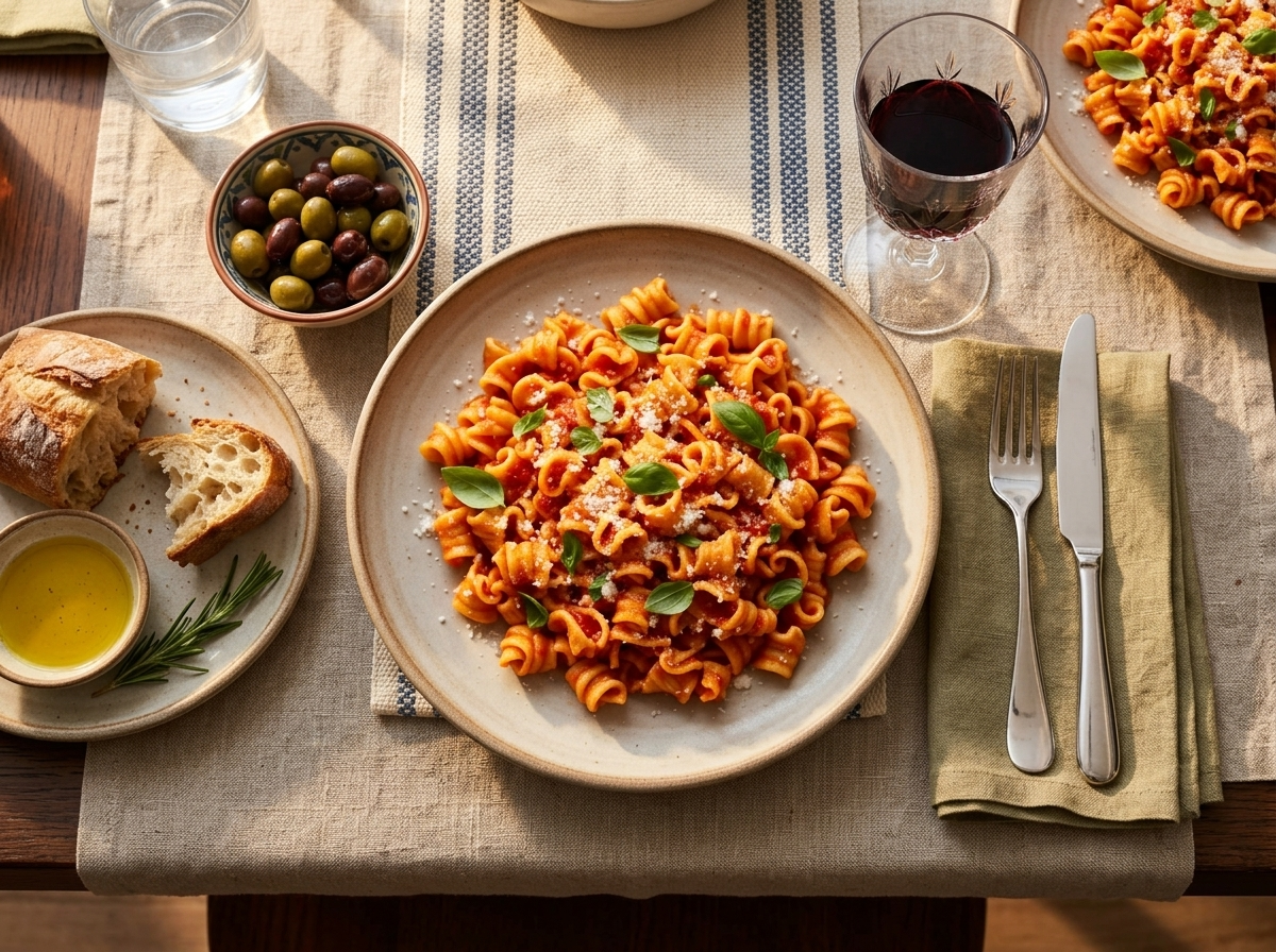 Two plates of sagne ncannulate on a linen tablecloth beside a glass of red wine and torn crusty bread in warm light.