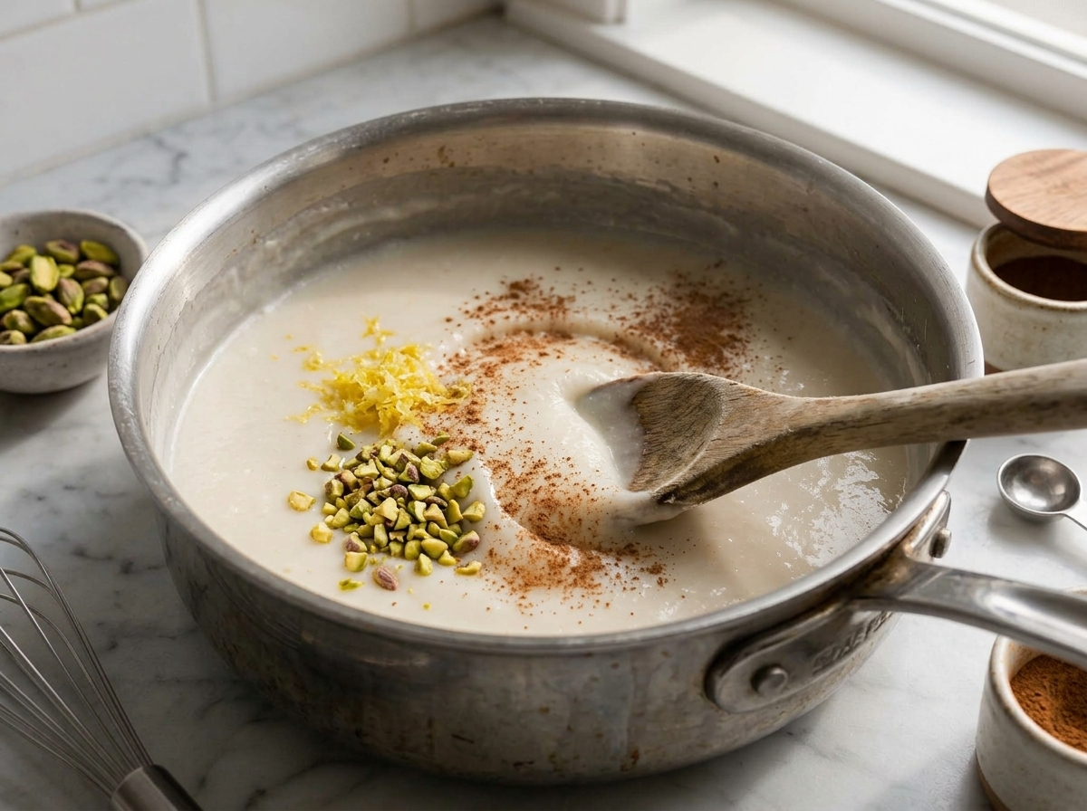 Wooden spoon stirring thick almond milk pudding mixture in a steel saucepan as it thickens on the stove