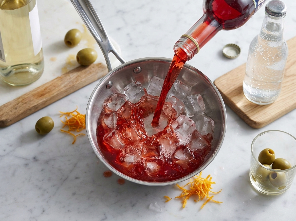 Bright red Campari pouring over ice cubes in a wine glass with a white wine bottle standing in the background