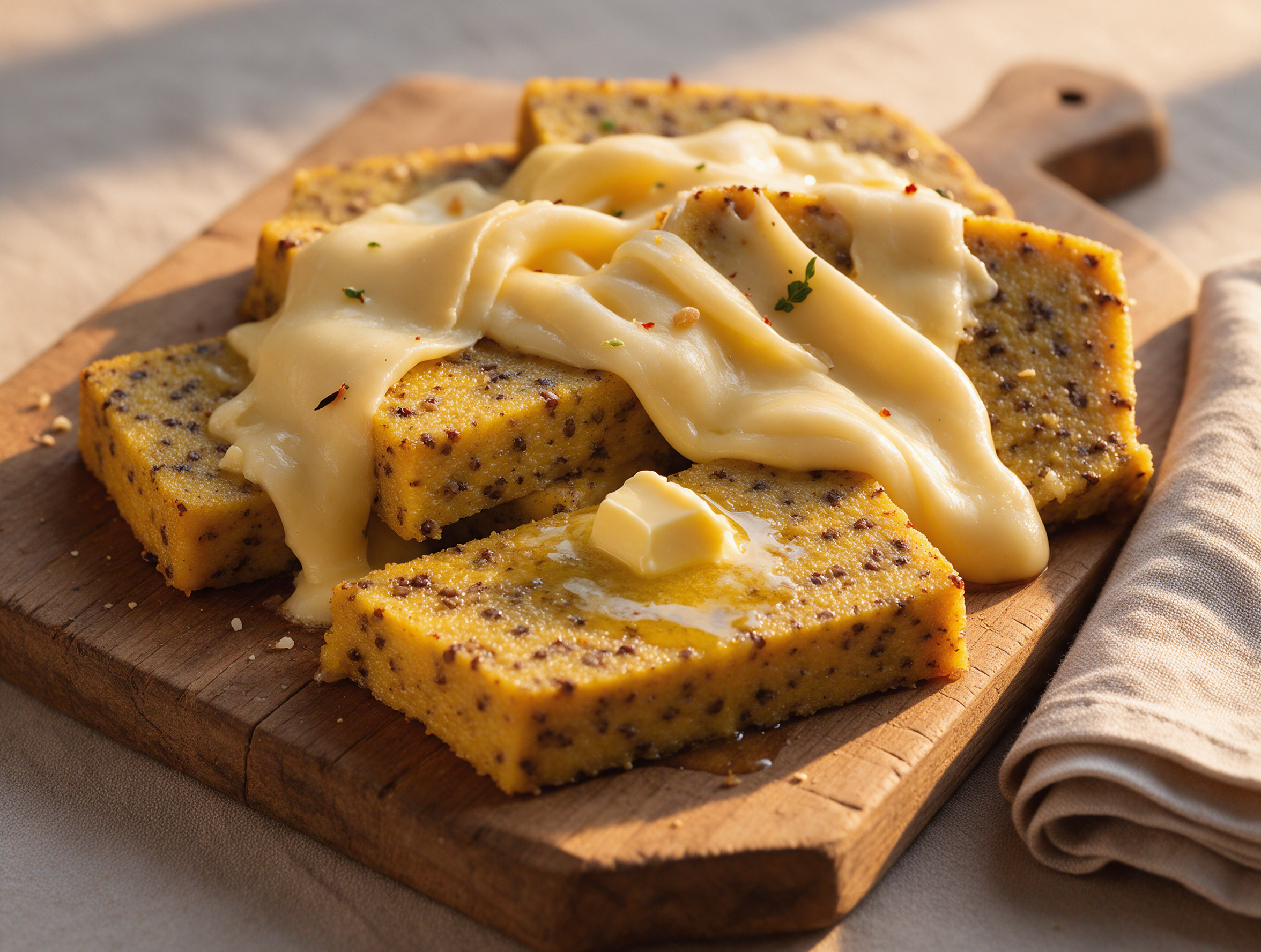 Sliced polenta cropa on a wooden board showing its dark buckwheat crumb and melted Casera cheese ribbons