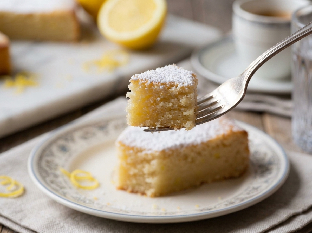 A slice of torta caprese al limone plated beside an espresso cup and lemon halves on a linen-draped table.