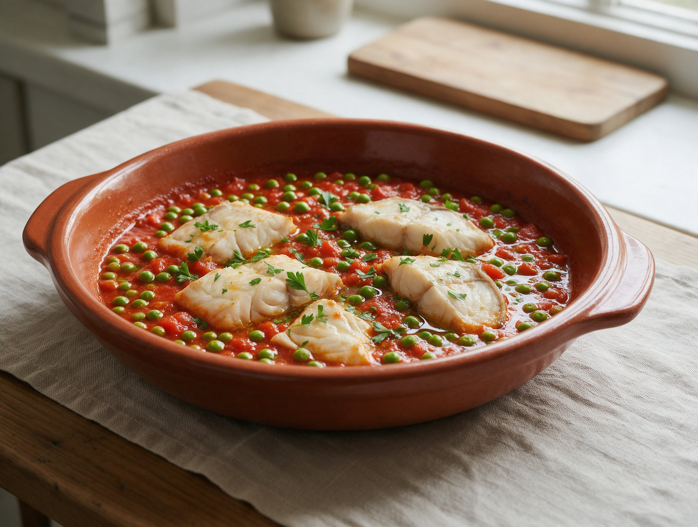 Braised palombo steaks in a vivid tomato and pea sauce, served in a shallow terracotta dish with fresh parsley on top
