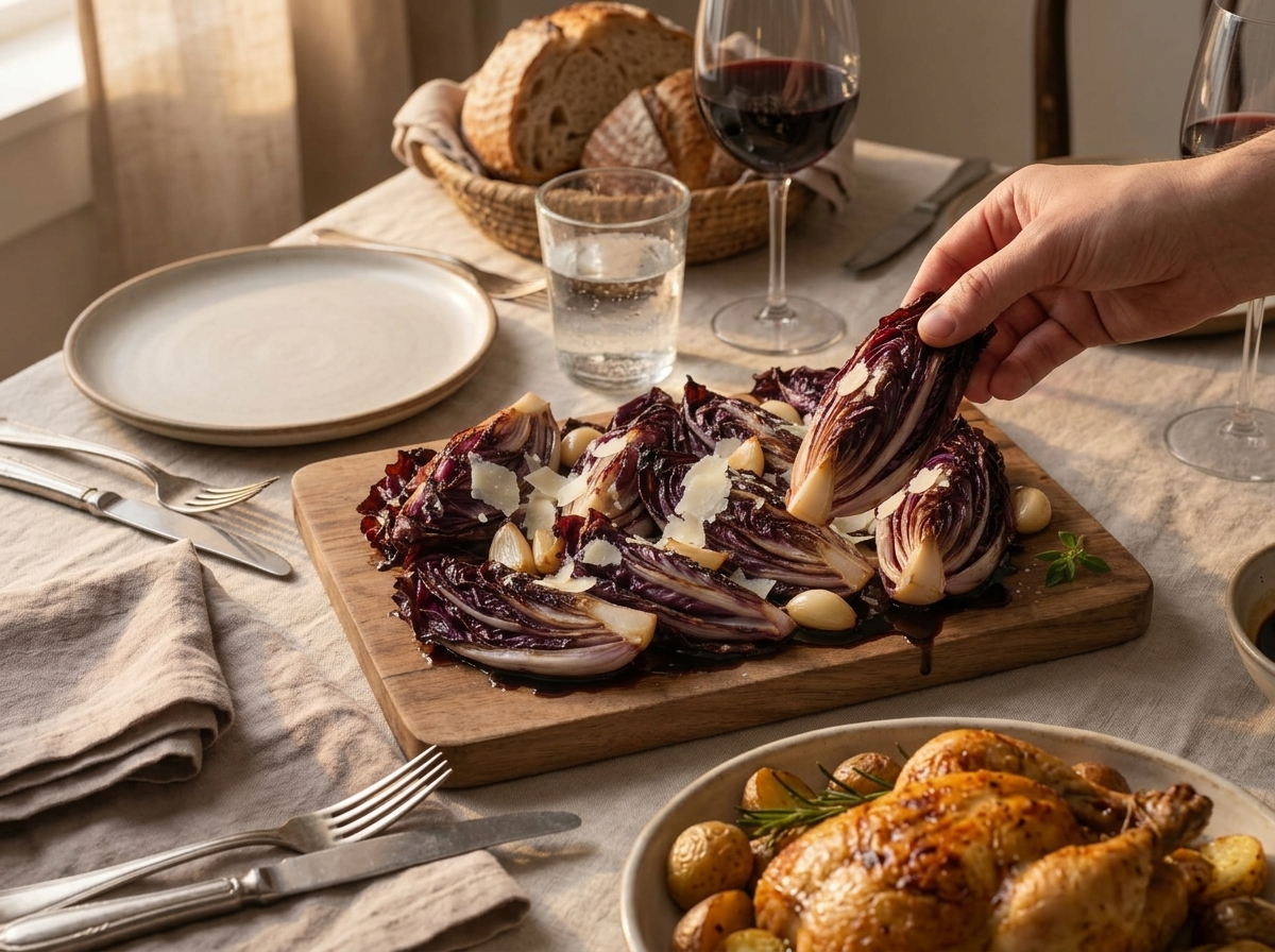 Platter of baked radicchio set on a dinner table beside roast chicken, crusty bread, and a glass of red wine