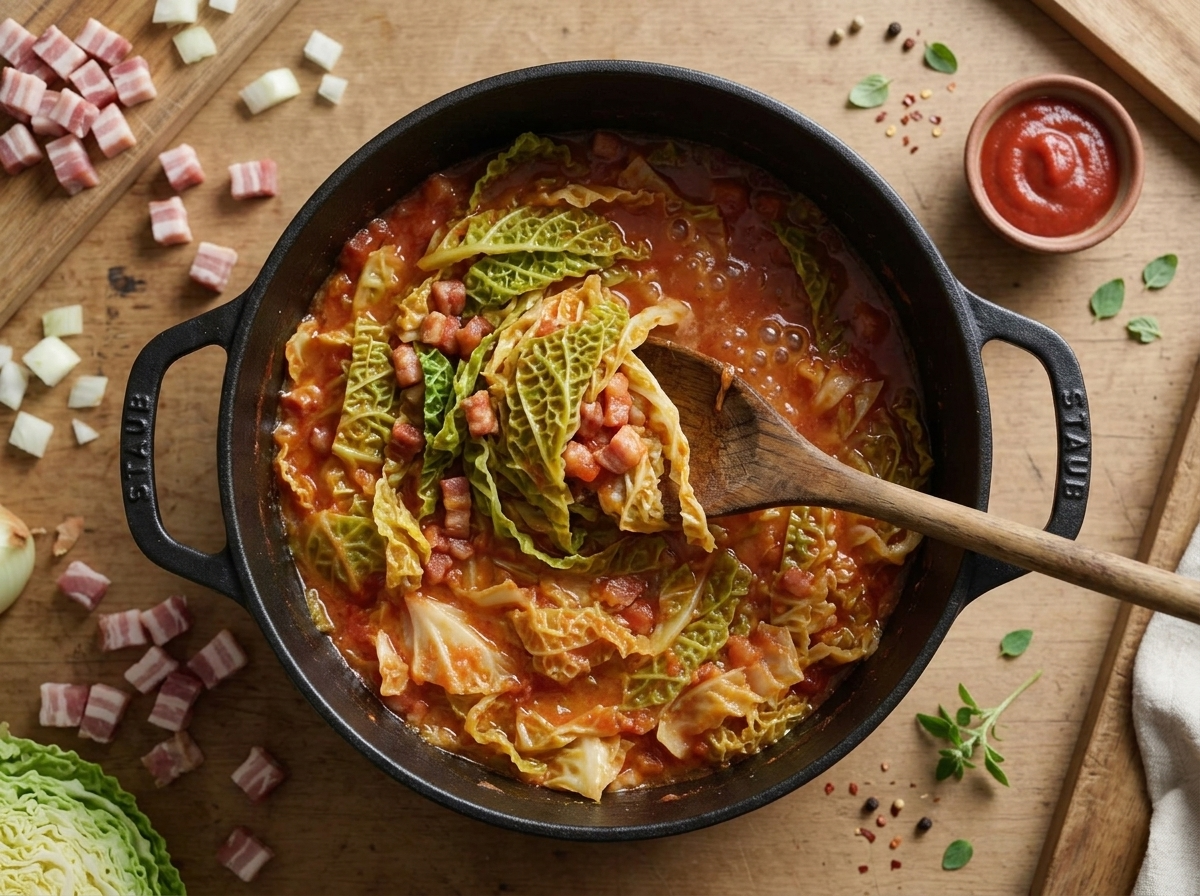 Wooden spoon stirring cabbage ribbons into a bubbling pancetta and tomato soffritto inside a Dutch oven