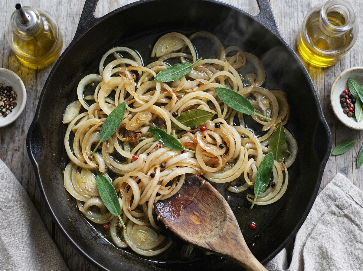 Sliced onion softening in olive oil in a skillet with sage and bay leaf added, steam rising during marinade cooking