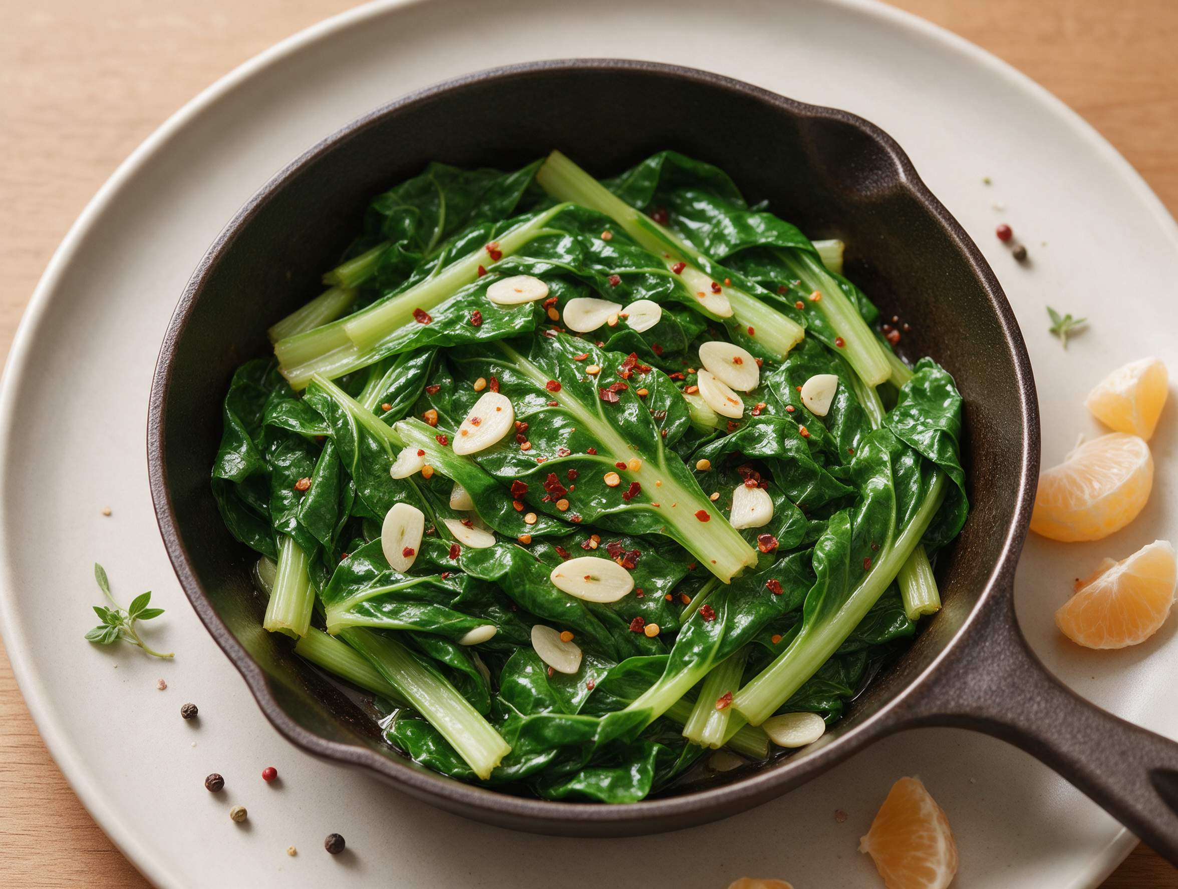 Glossy sauteed Swiss chard with visible garlic slices and chili flakes in a dark skillet, lemon wedge on the side