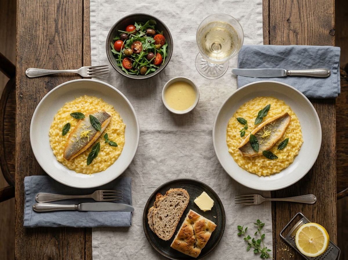 Two bowls of Lombard perch risotto on a linen-set table beside a glass of chilled white wine and lemon halves