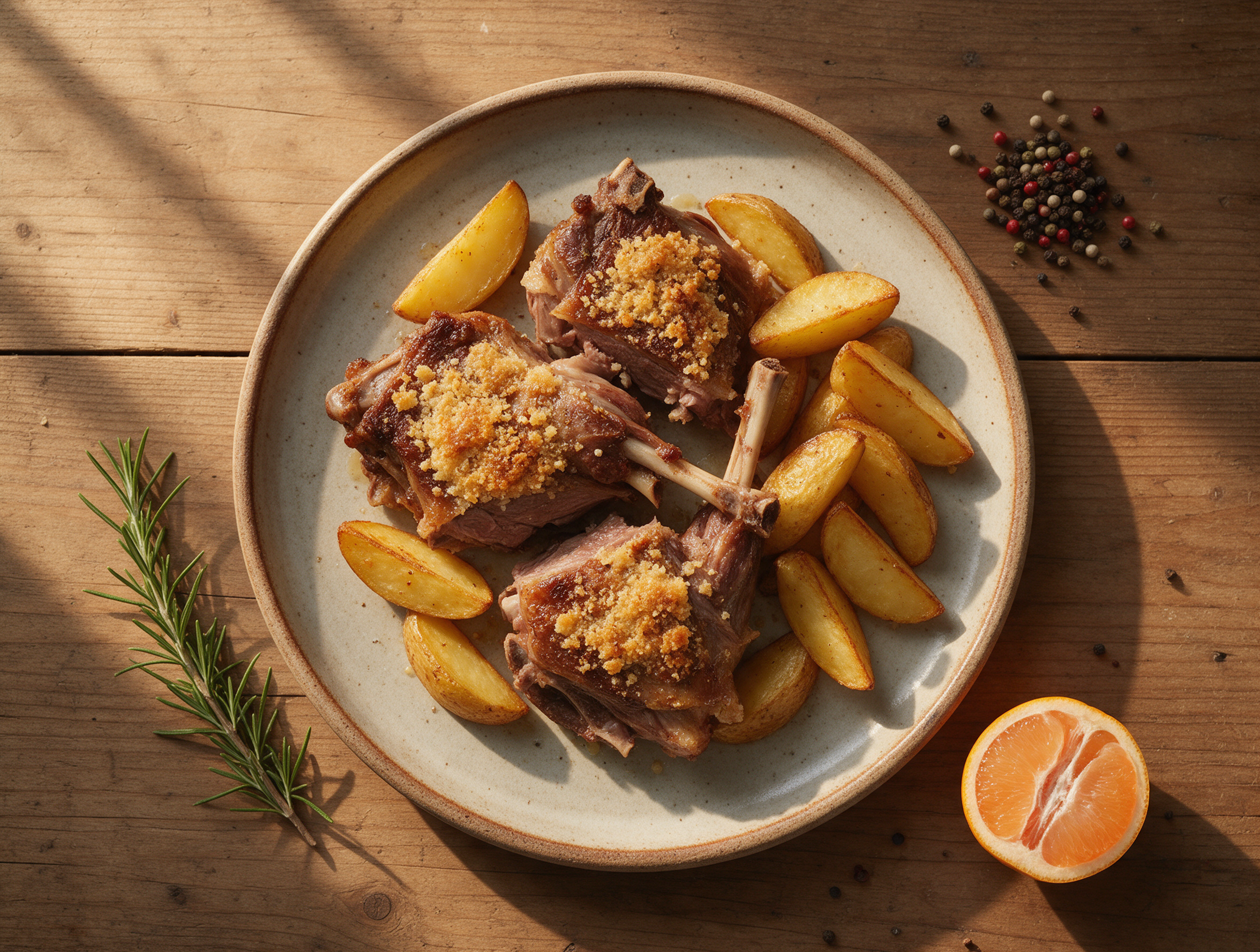 Bone-in roast kid goat pieces and golden potato wedges on a rustic platter with a crisp pecorino crust under warm light