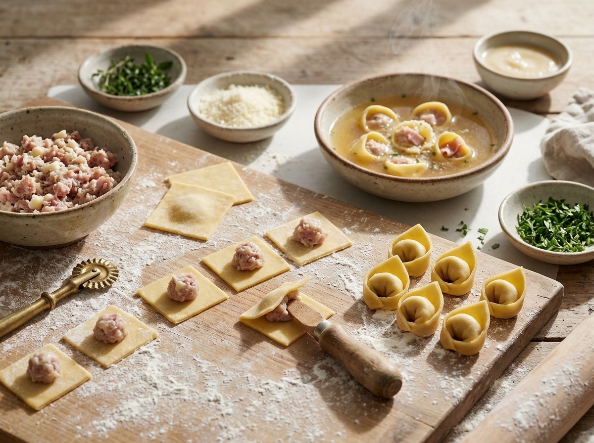 Hands folding small pasta squares around a fingertip on a floured wooden board, filling and dough scraps nearby.