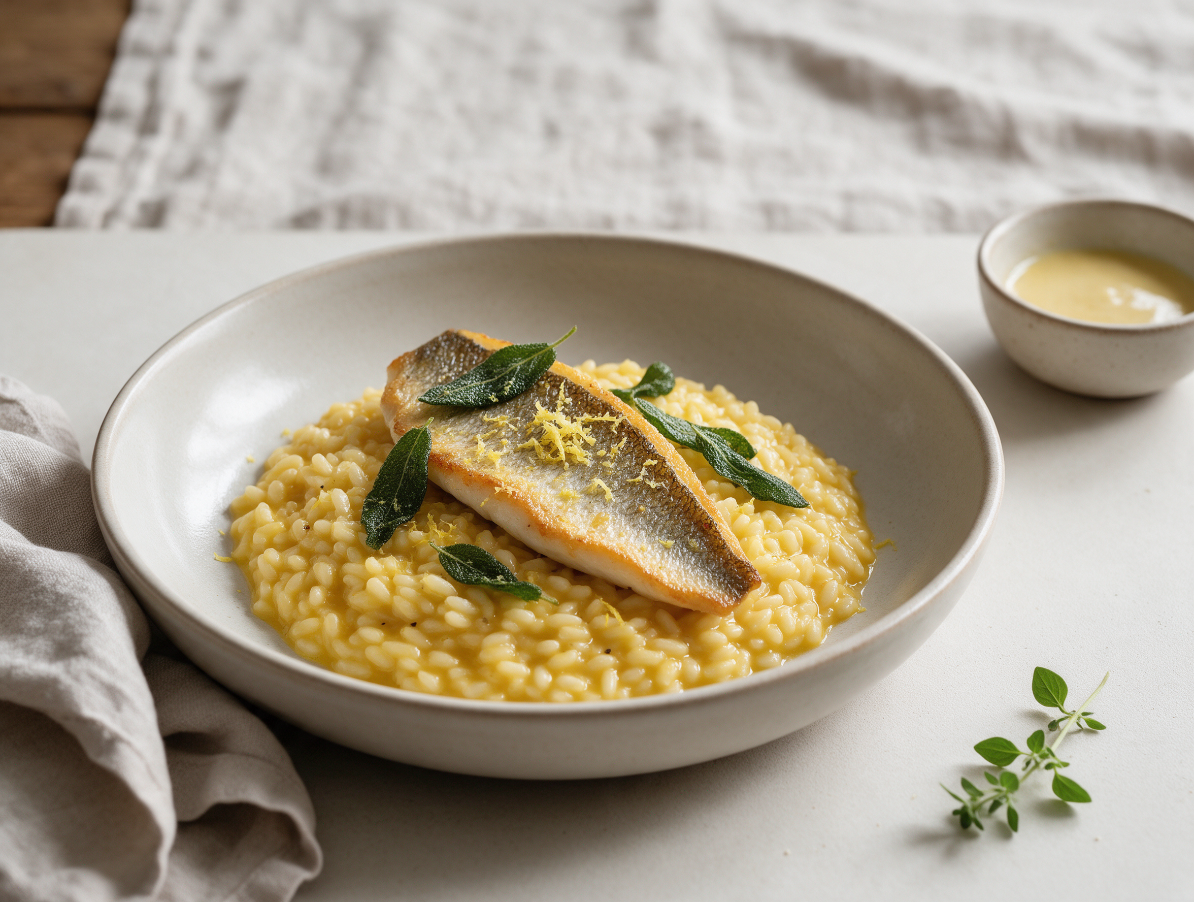 Golden perch fillet resting on creamy risotto with sage leaves and lemon zest scattered over a shallow white bowl