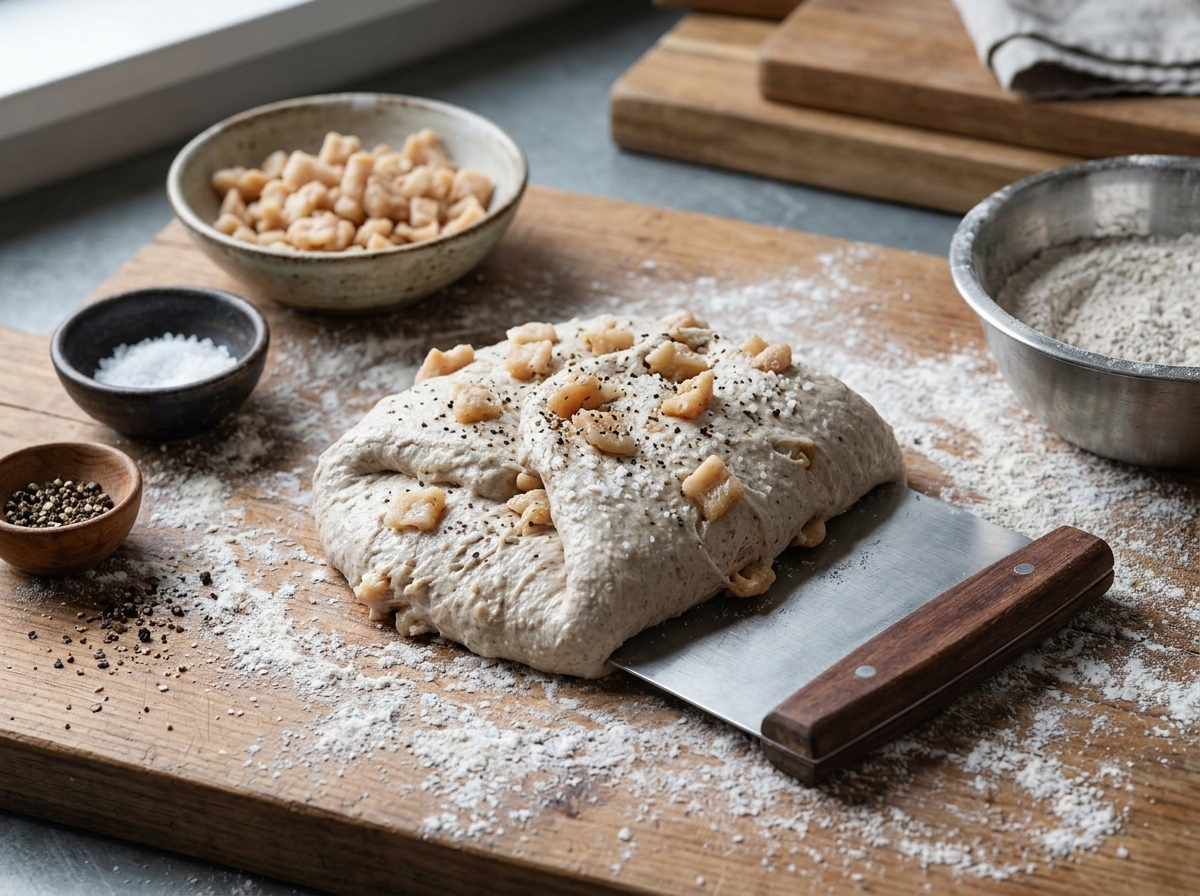 Hands folding diced pork cracklings into sticky pale rye dough on a floured wooden work surface