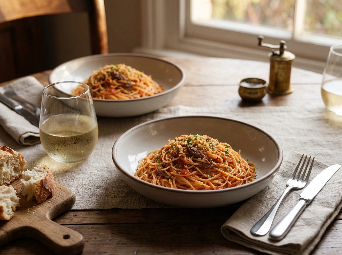Two bowls of vermicelli alle vongole fujute on a linen tablecloth beside a glass of chilled white wine and torn bread.