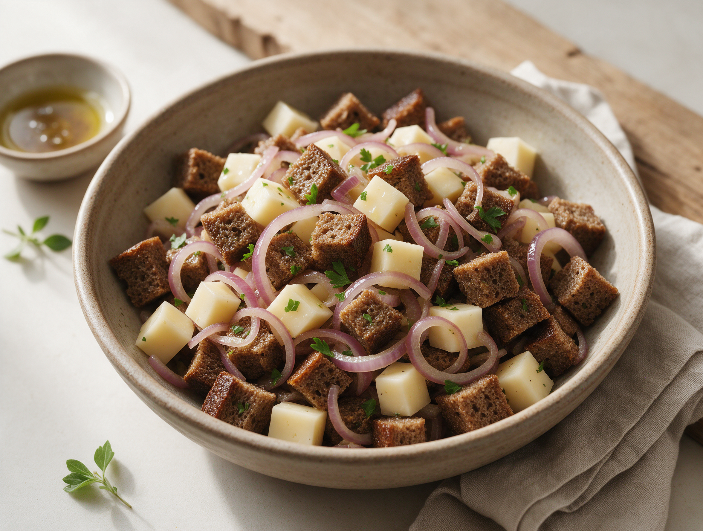 Overhead bowl of Cunsc della Valmalenco showing rye bread cubes, pale Casera cheese, and red onion on a wooden table.