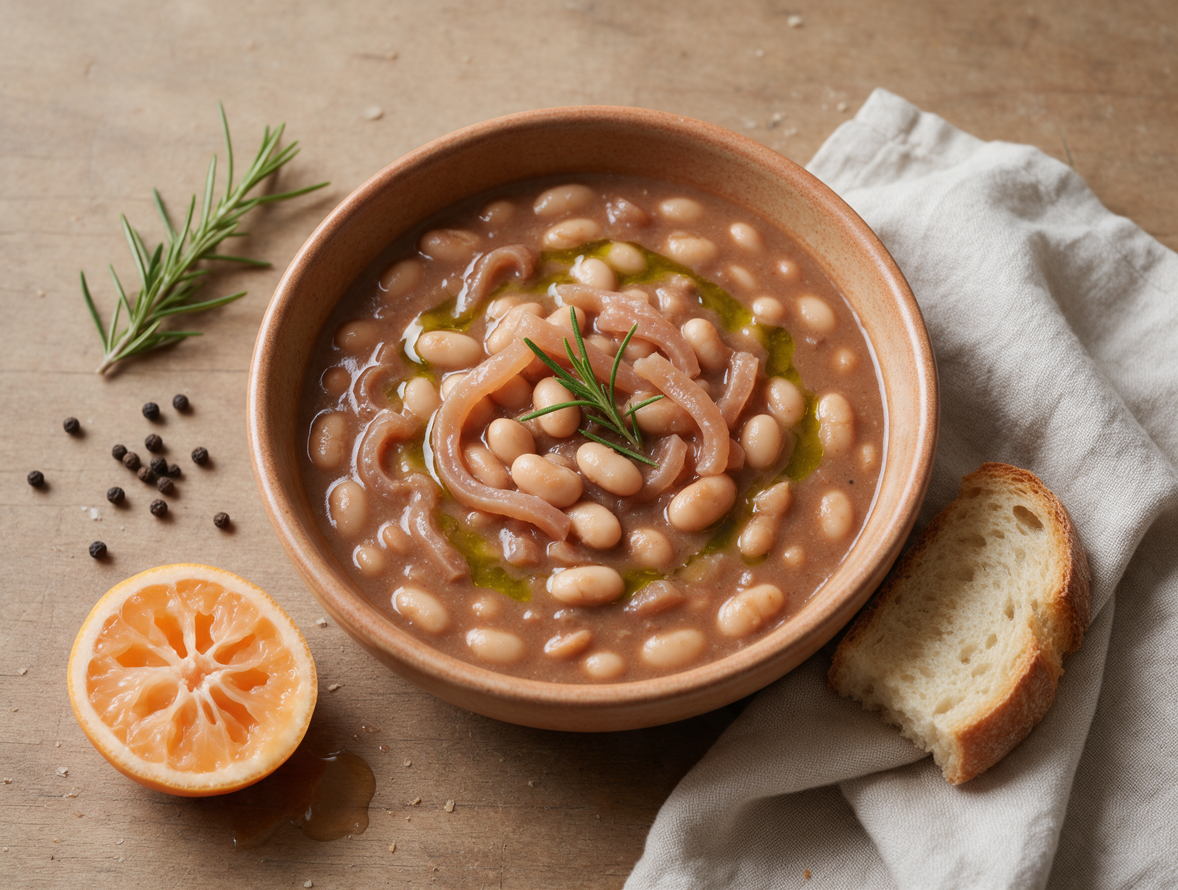 Overhead bowl of fagioli con le cotiche showing tender borlotti beans, glossy pork rind pieces, and rosemary on a rustic wood table
