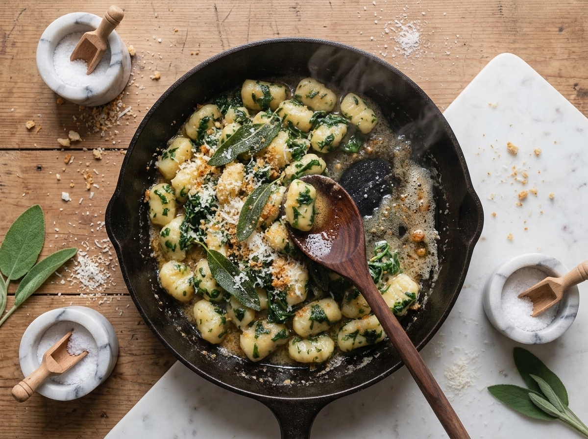 Cook tossing potato gnocchi with wild greens in a skillet of browned butter and frying sage leaves over the stove.