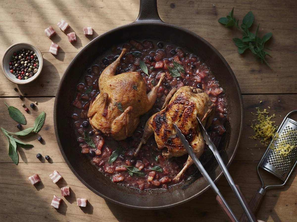 Quail searing skin-side down in a wide skillet next to crisping pancetta, wine bubbling at the pan's edge, tongs mid-turn.