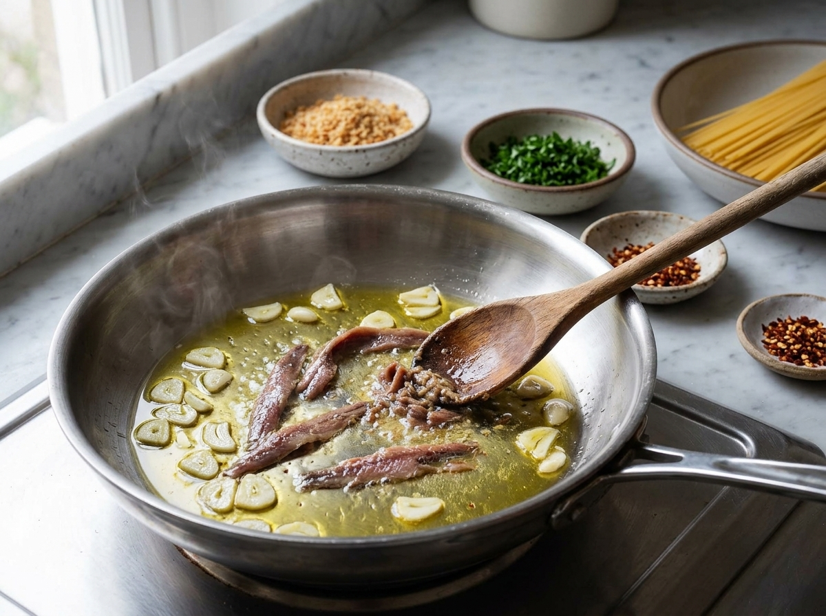 Garlic, chili flakes and anchovies sizzling in olive oil in a stainless skillet, wooden spoon stirring the melting anchovies.