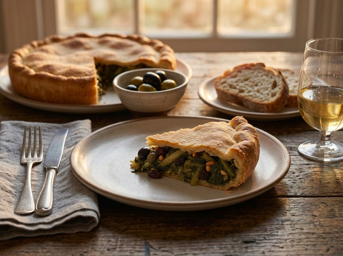 A rustic wooden table set with sliced pizza e scarola, a glass of white wine, and a linen napkin nearby.