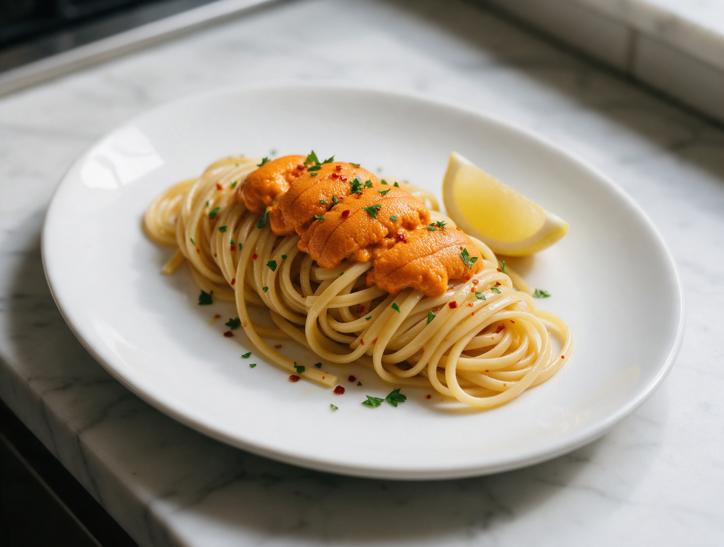 Twisted linguine topped with vivid orange sea urchin roe, parsley, and lemon zest on a white plate under soft light.