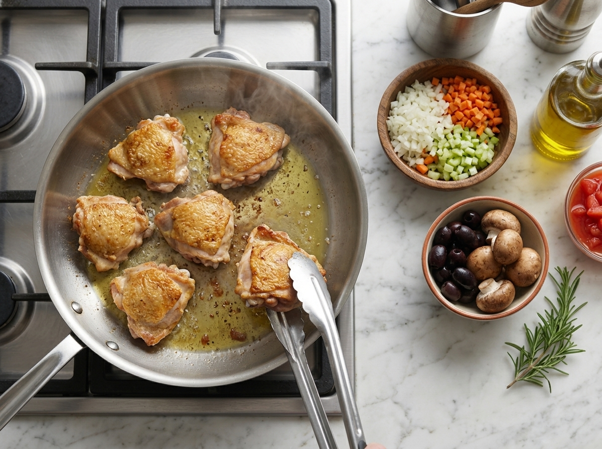 Browned galletto pieces skin-side down in olive oil in a steel pan as tongs turn the golden skin