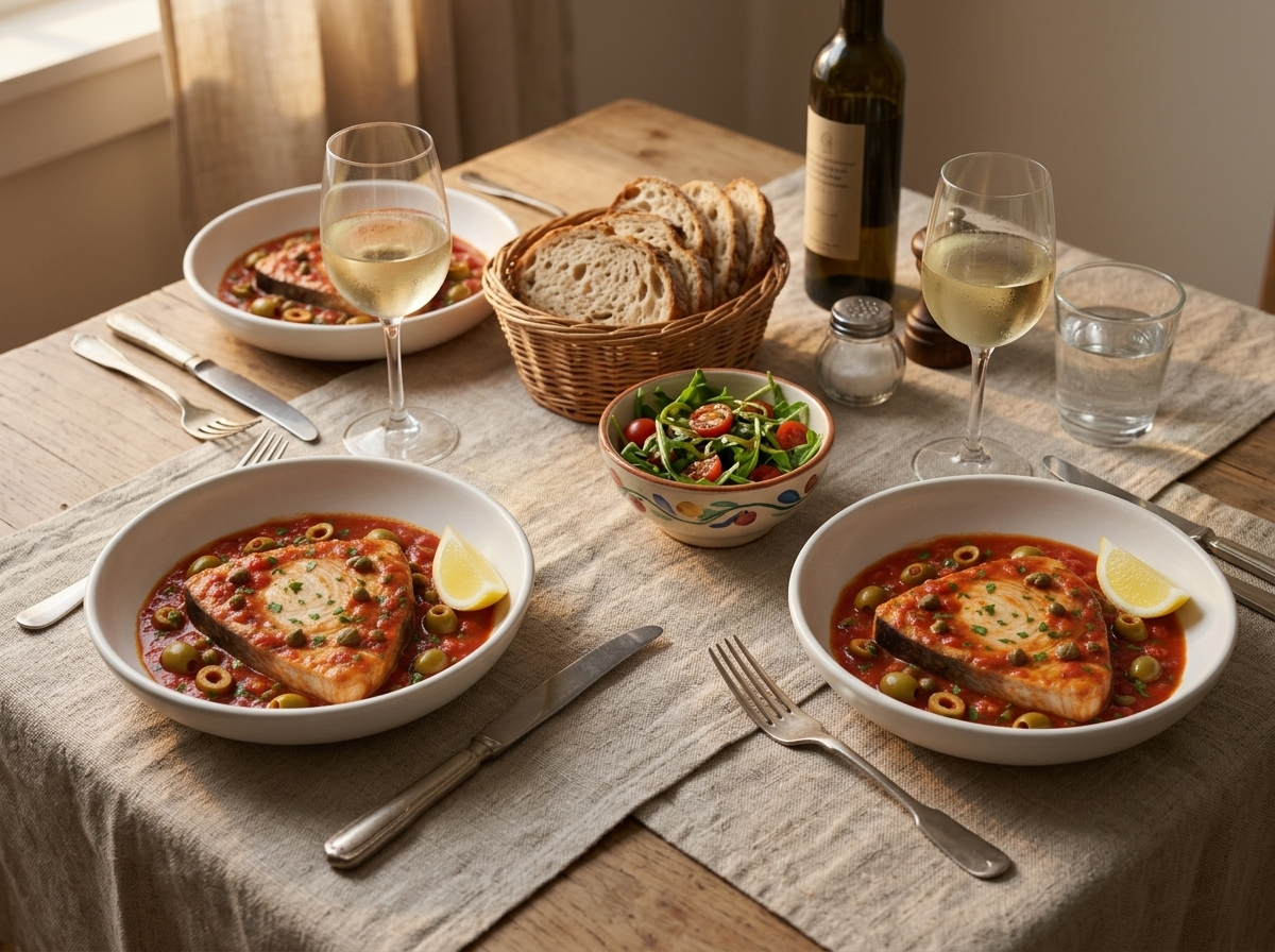 Two plates of swordfish with crusty bread, lemon wedges and white wine on a linen-covered outdoor table