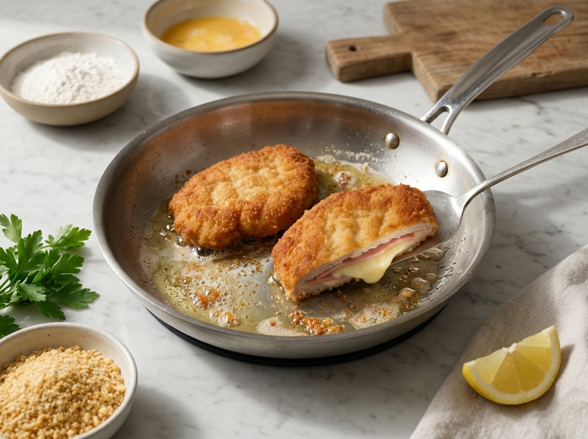 Two breaded veal cutlets frying in a steel skillet, crumbs sizzling in oil and butter as a spatula lifts one
