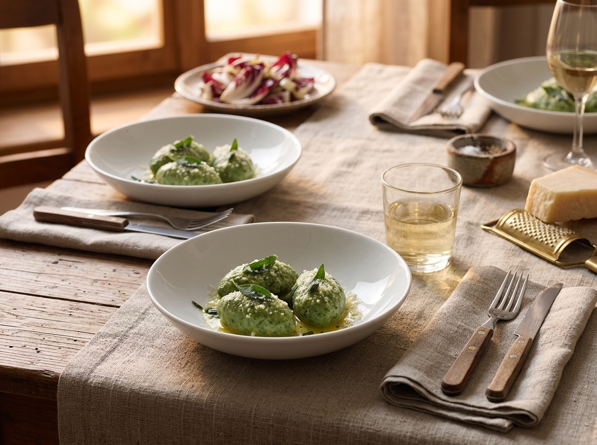 Two shallow bowls of dumplings beside a radicchio salad and a glass of white wine on a linen table
