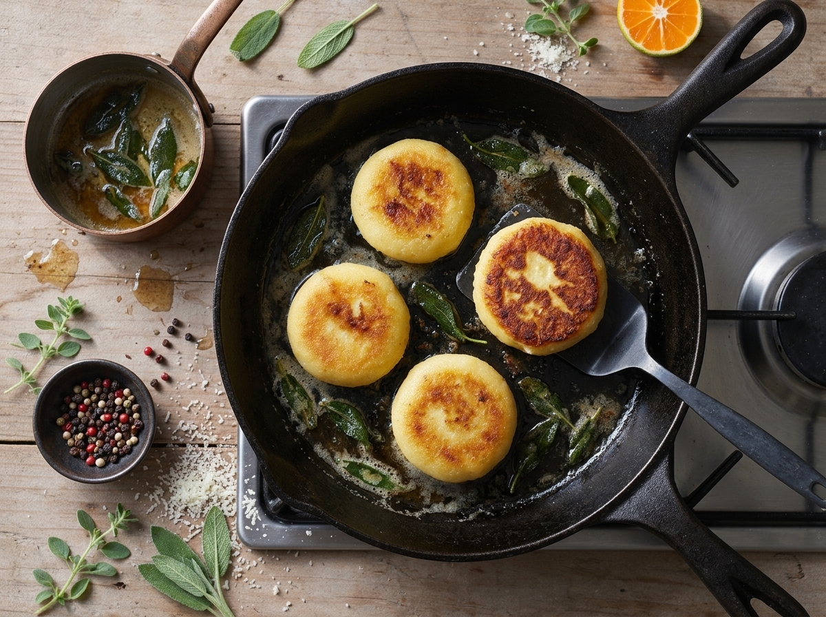 Thick cheese-filled rounds browning in melted butter in a cast-iron skillet, with sage leaves beside the stove