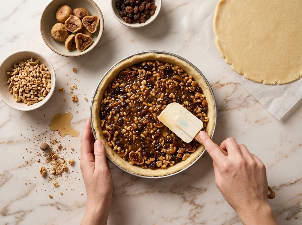 Hands pressing lukewarm fruit paste level inside a pastry-lined tart pan with a damp spatula