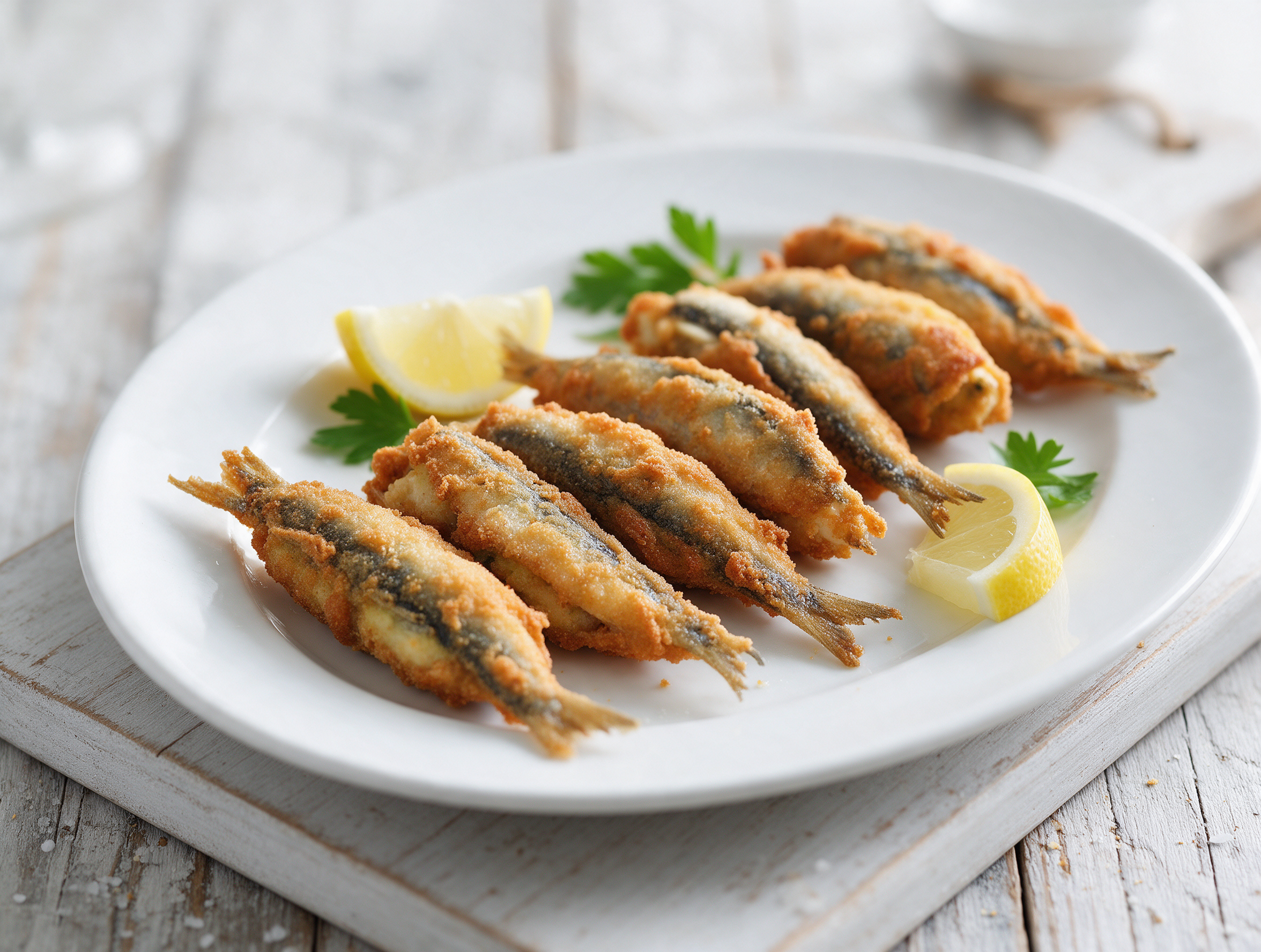 Fried stuffed anchovies with golden crust on a white plate beside lemon wedges