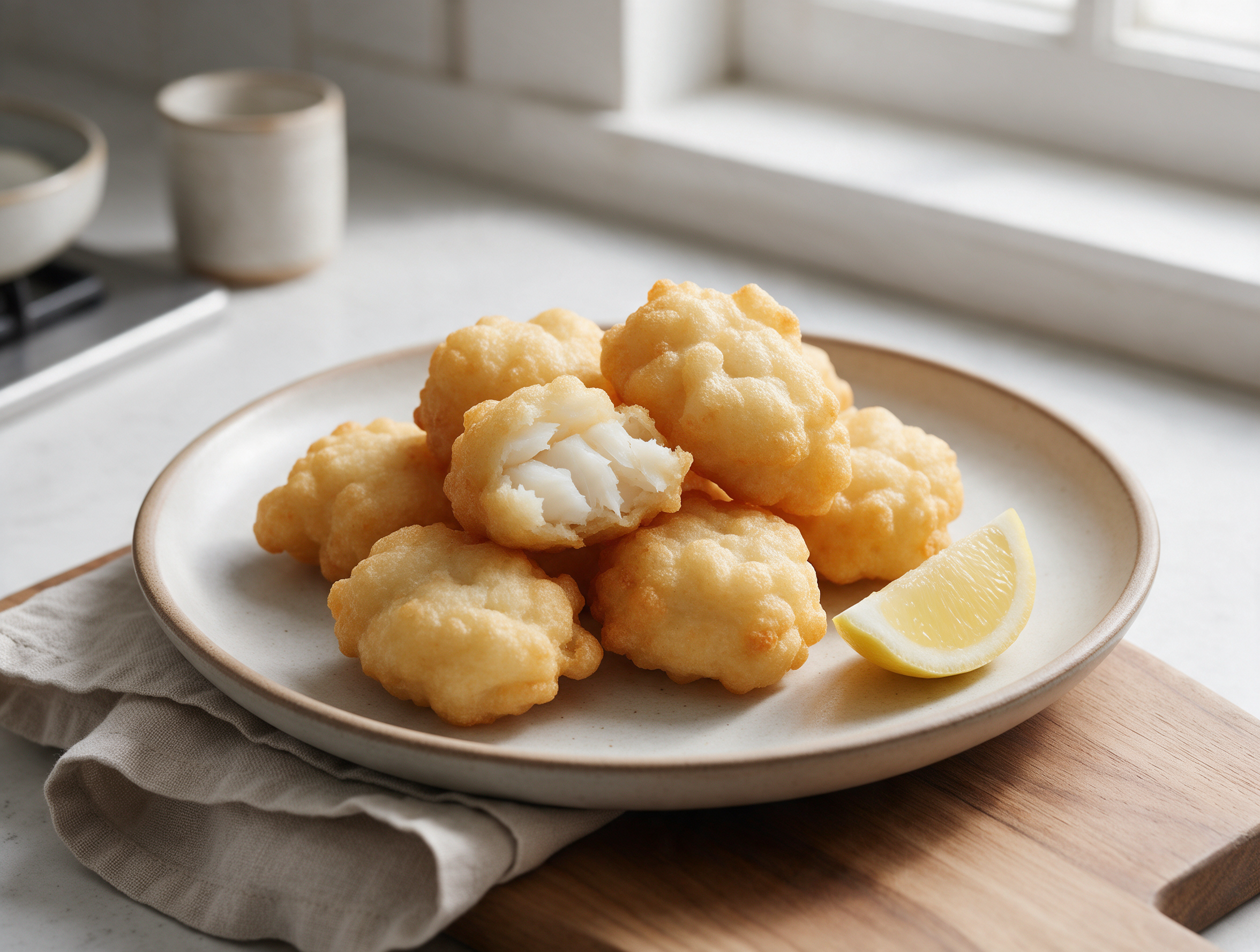 Puffed golden cod fritters stacked in a bowl with a lemon wedge on the side