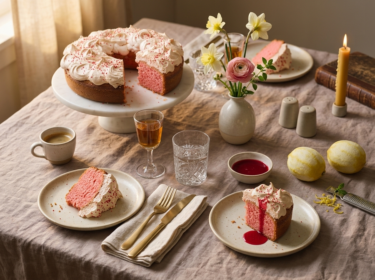 Slices of Umbrian Easter cake on small plates beside espresso cups and Vin Santo on a linen-covered table
