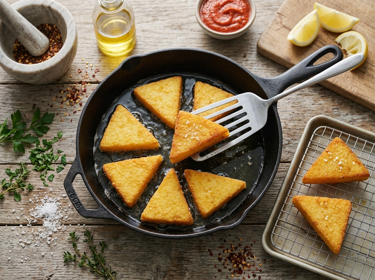 Scagliozzi sizzling in sunflower oil in a cast-iron skillet, turned with a fish spatula