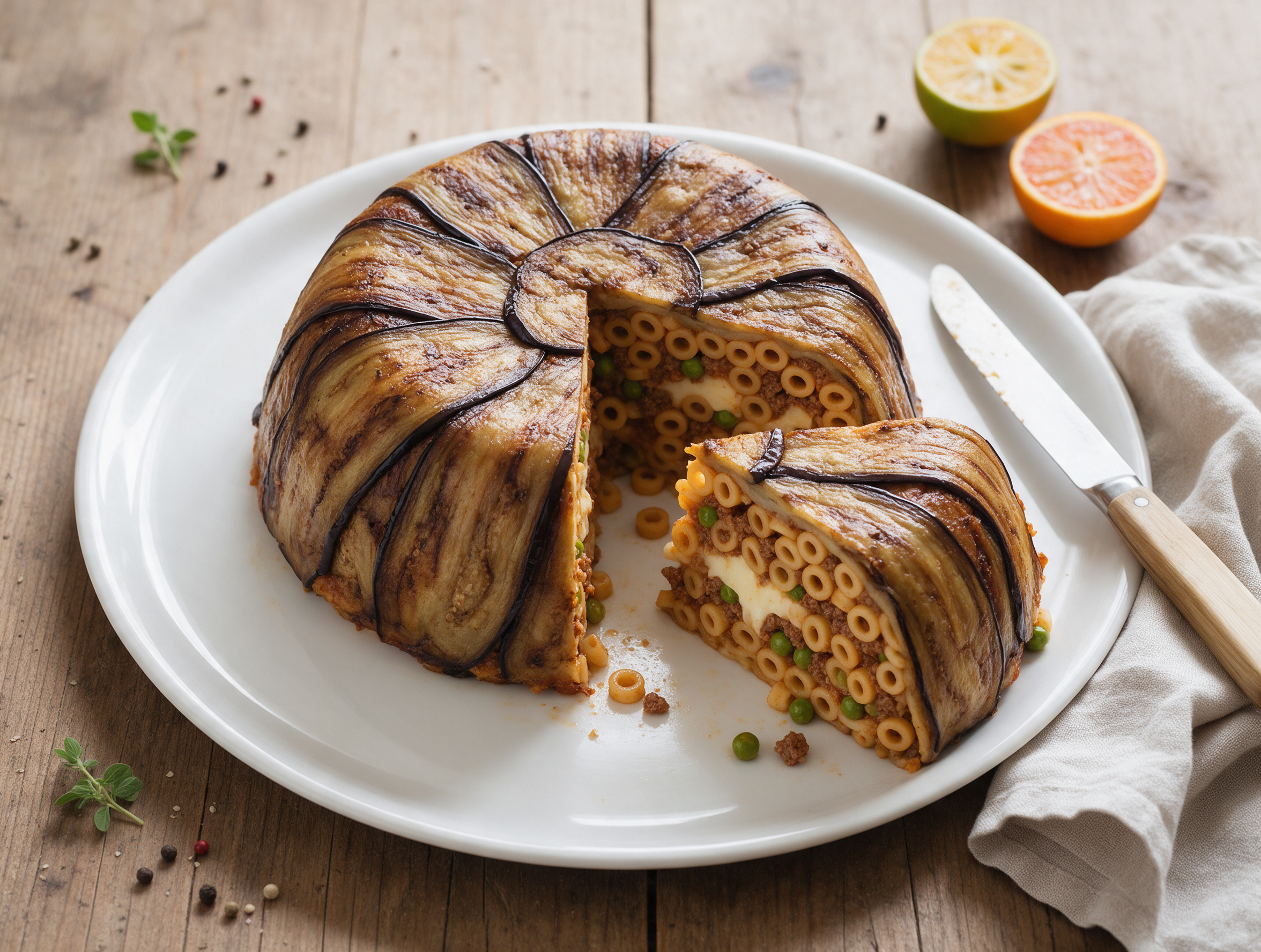 Unmolded eggplant-lined timballo with a cut wedge showing anelletti pasta, ragu and peas