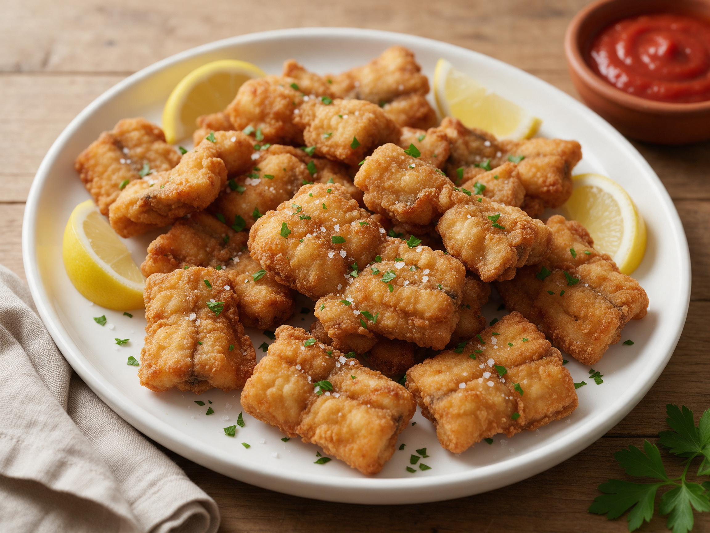 Golden fried capitone pieces piled on a white platter with lemon wedges and parsley, shot from above