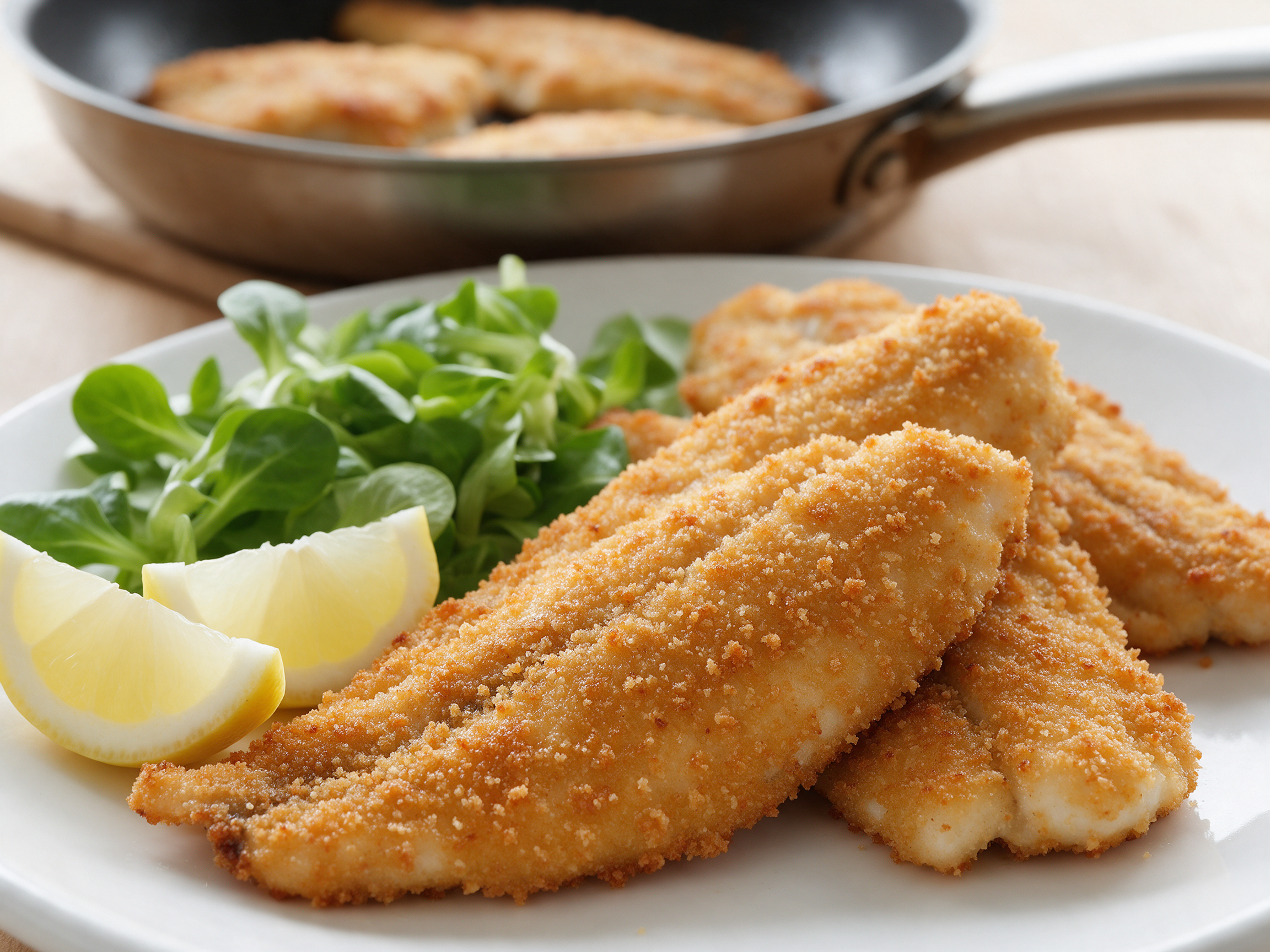 Breadcrumb-crusted perch fillets in a skillet with lemon wedges and green salad