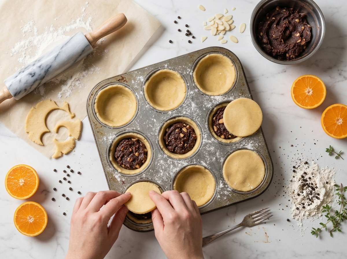 Hands pressing rolled shortcrust lids over filled muffin-tin cups, with a small round cutter and dough scraps nearby