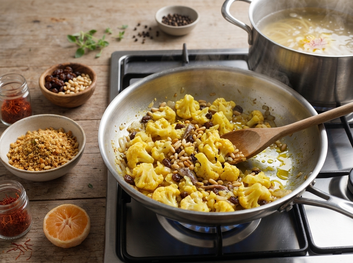 Wooden spoon crushing soft florets into onion, anchovy and saffron in a wide steel skillet