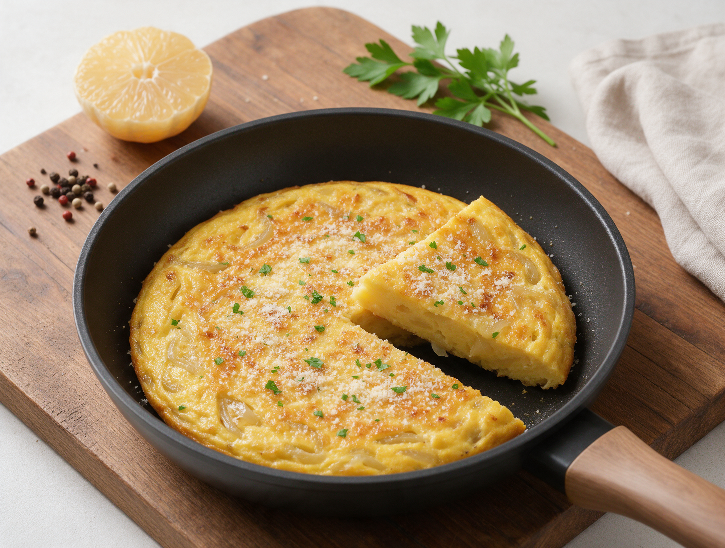 Round onion frittata with a golden top and one wedge cut, in a skillet on a wooden board beside parsley