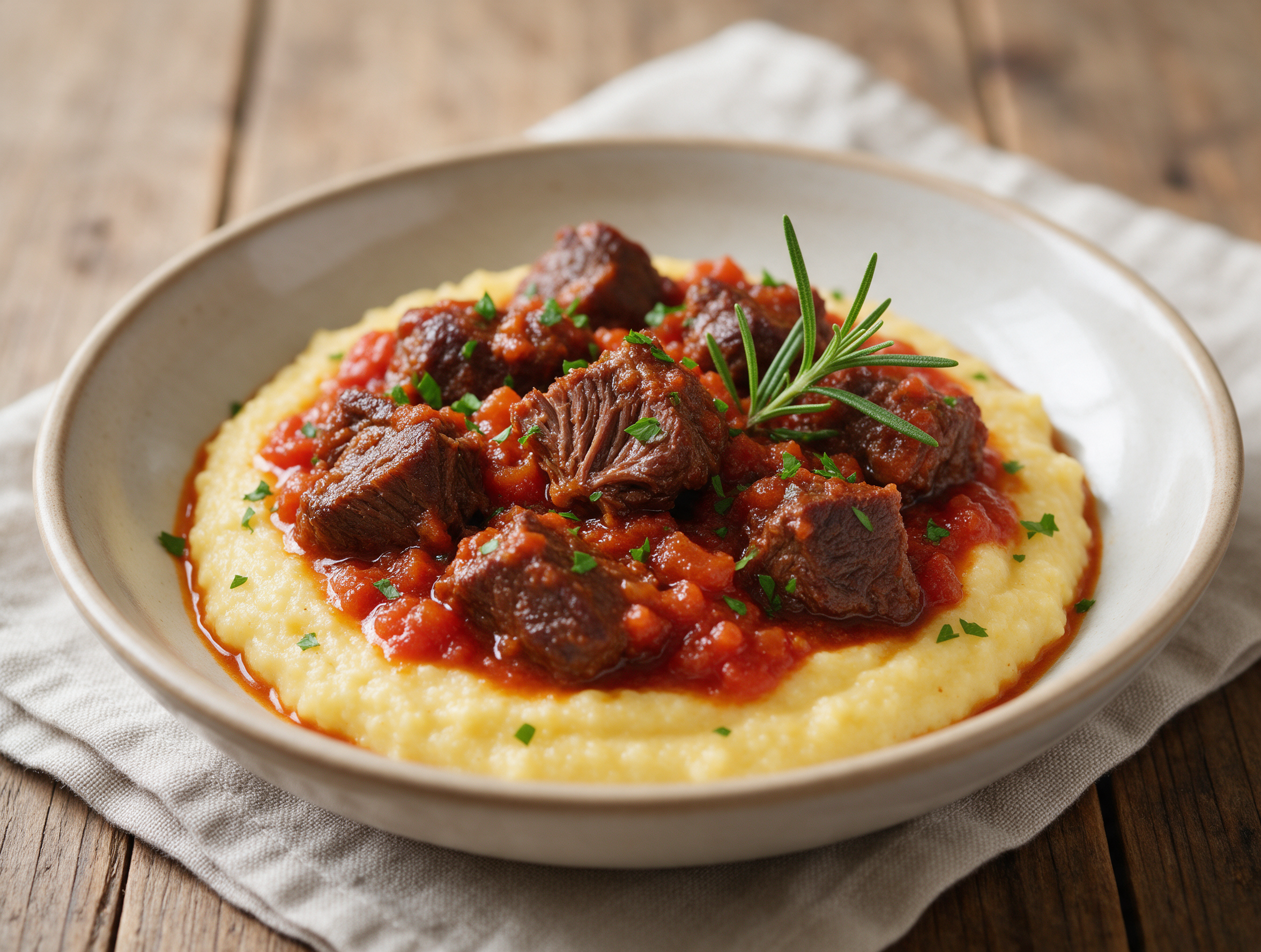 Dark braised wild boar cubes in glossy tomato sauce over soft polenta in a ceramic bowl with parsley