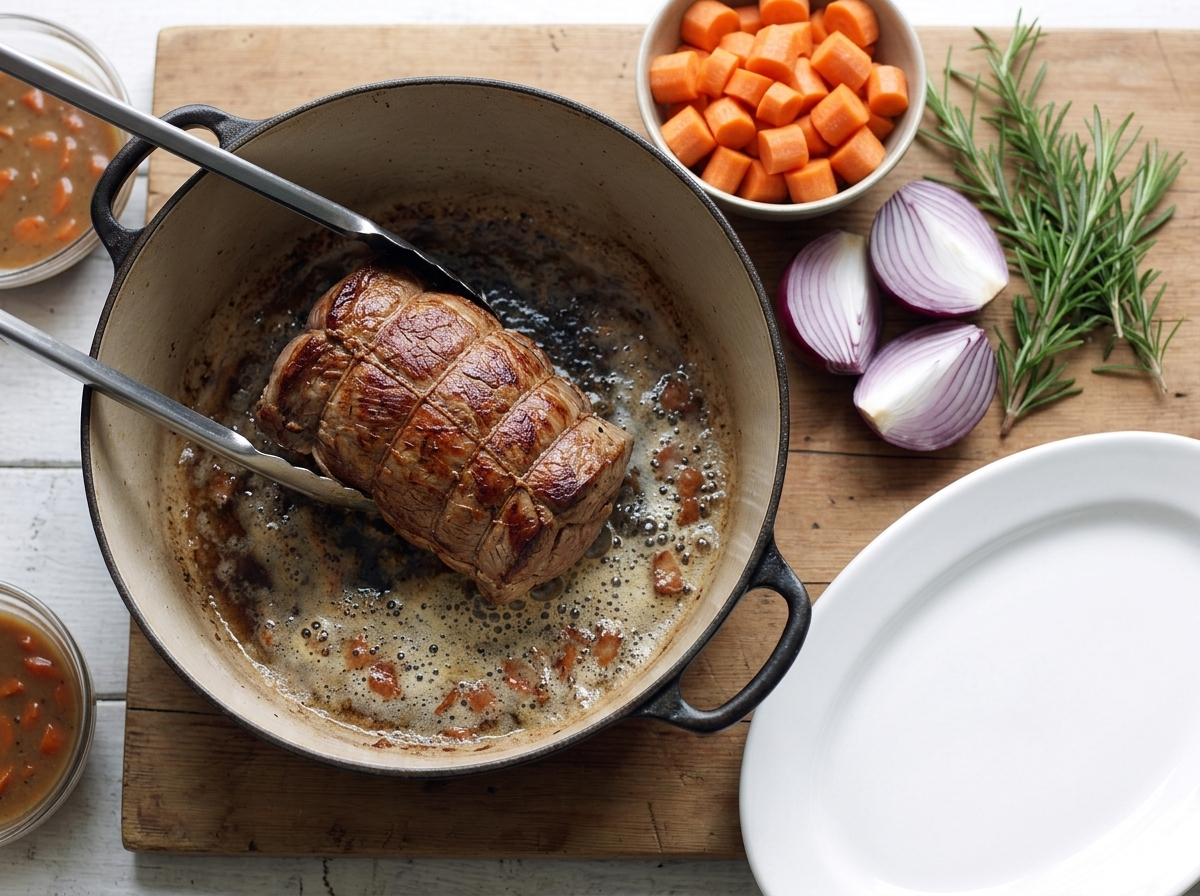 Tongs turning a tied veal roast in a hot Dutch oven, golden crust forming and butter foaming around it