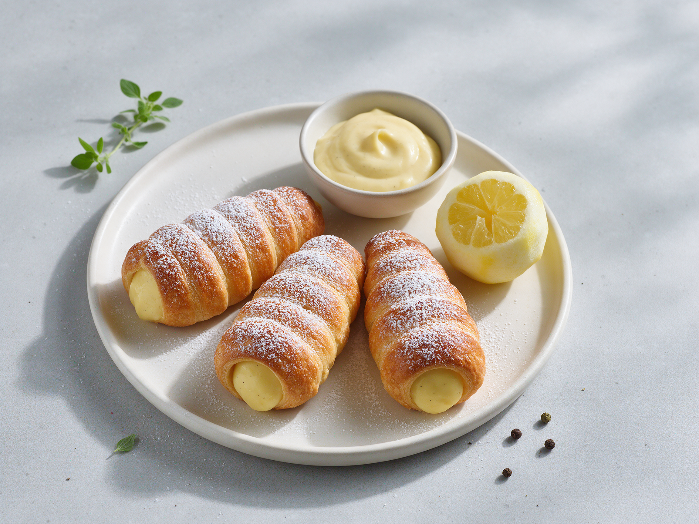 Three ridged golden lobster tail pastries dusted with powdered sugar on a marble slab beside a halved lemon