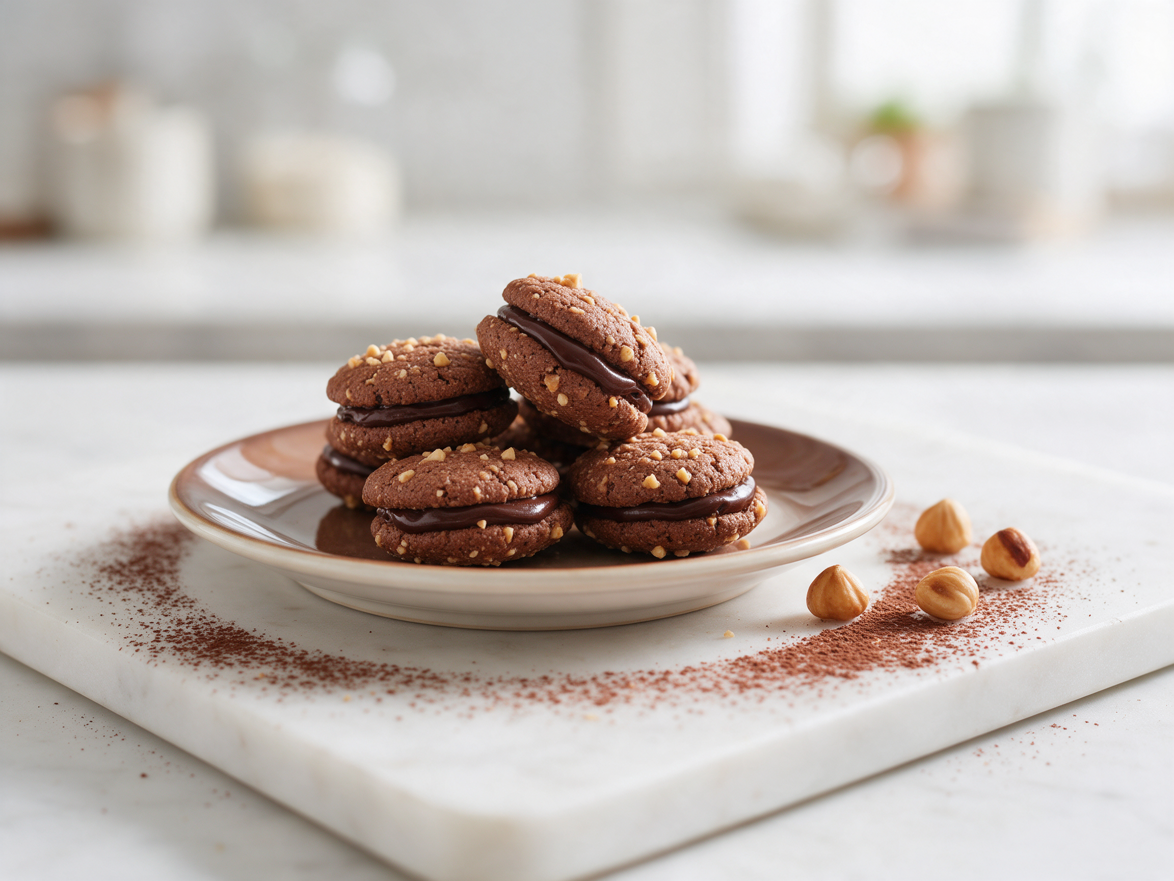 Stack of cocoa hazelnut sandwich cookies with dark ganache on a white marble board, shot from above