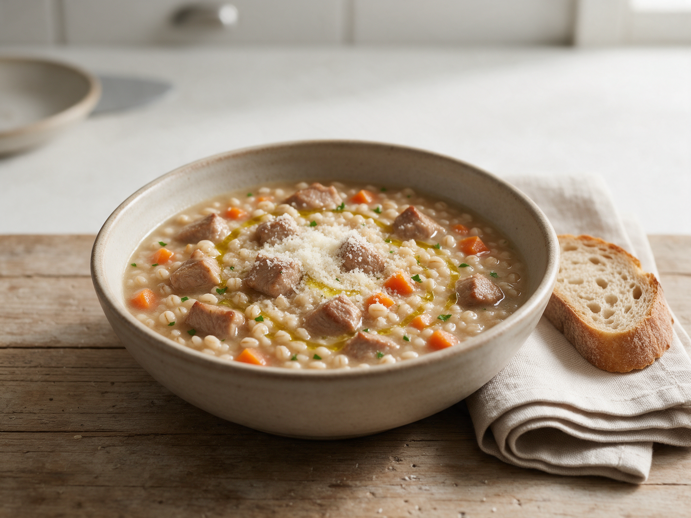 Bowl of pork and pearl barley soup topped with parsley and grated Parmigiano on a rustic wooden table in soft light