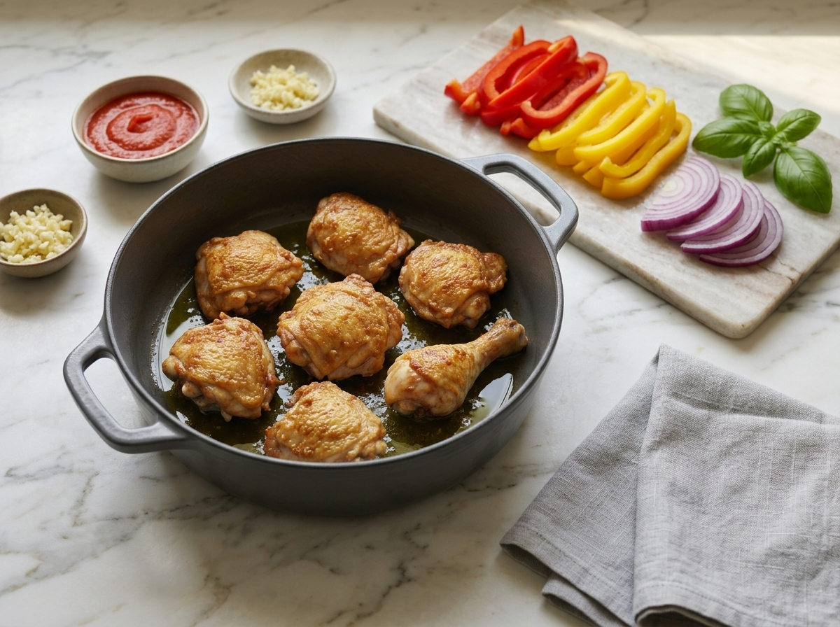 Chicken pieces browning skin-side down in olive oil, tongs turning one piece, sliced red peppers waiting on a board
